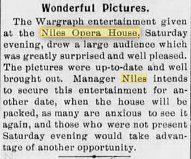 Niles Opera House - 13 Sep 1899 Article (newer photo)